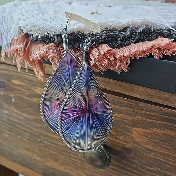 Large Teardrop Dangling Multicolor String Wrapped Earrings - Picture 12 of 14